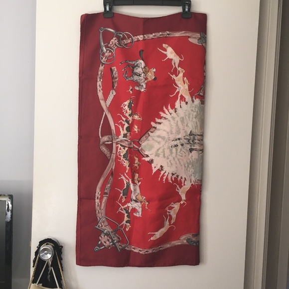 Genuine HERMES Red Burgundy LA BIEN ALLER by J de Fougerolle Silk Scarf - Picture 2 of 6